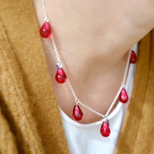 Lampwork glass pomegranate seed sterling silver chain necklace; 40 cm length