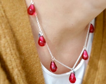 Lampwork glass pomegranate seed sterling silver chain necklace; 40 cm length
