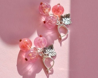 Lampwork pink currant glass earrings; murano glass berry jewellery