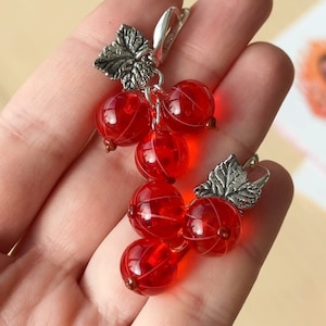 Lampwork red currant glass earrings; murano glass berry jewellery