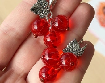 Lampwork red currant glass earrings; murano glass berry jewellery