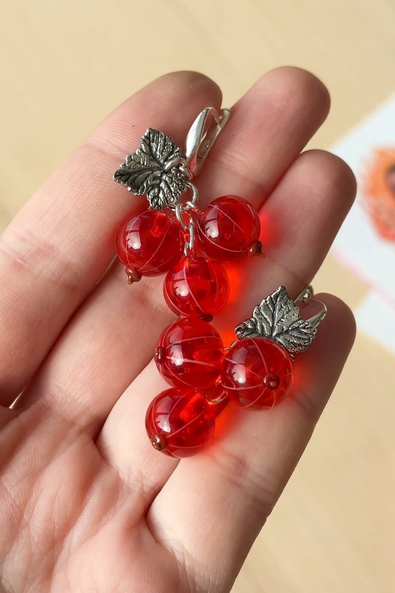 Lampwork red currant glass earrings murano glass berry jewellery zdjęcie 1