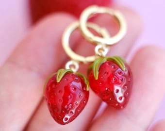 Lampwork glass strawberry hoop earrings *gold-plated*