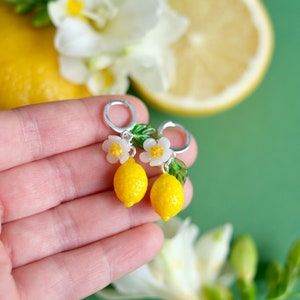 Lemon lampwork glass earrings; murano glass fruit jewellery