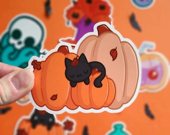 Cute Sleepy Halloween Cat Sticker! - Cute Pumpkins - Blalck Cats - Kawaii Pumpkin - Cute Cats - Witchy Stickers - Witchcraft - Spoopy