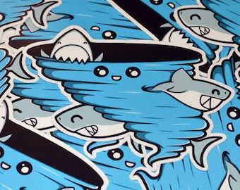 Pegatina Cutenado - Pegatina troquelada de 3 pulgadas - Pegatina de tornado de tiburón - Lindo tiburón kawaii - Pegatinas para computadora portátil - Pegatinas para teléfono - Arte con tiburones