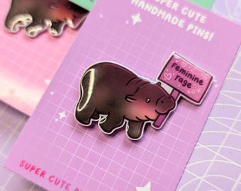 Baby Hippo Pin, Handmade Pins, Pin Badges UK, Hippo Pin Badge, Sealife Gifts, Cute Pin, Pygmy Hippo Gifts, Meme Gifts, Feminist Art