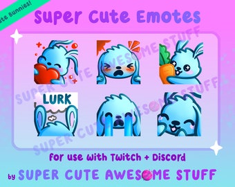 Puede incluir: Conjunto de seis emoticonos de conejito azul con diferentes expresiones, incluyendo un corazón, una zanahoria, lágrimas y una cara sorprendida. También se incluye el texto "SUPER CUTE AWESOME STUFF" y "LURK".