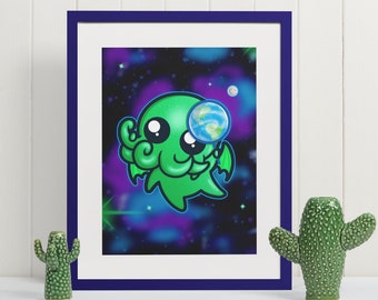 A4 Cutethulhu Print - Super Cute Cthulhu Print - Cute Space Art - Cute Geek Print - Cute Space Monster
