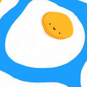 May include: A blue background with a pattern of white eggs with yellow yolks. The yolks have a smiling face. The text "SUPER CUTE AWESOME STUFF" is at the bottom of the image. The text "@perditaa00" is at the bottom left of the image.