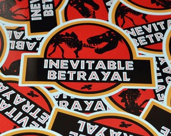 Naklejka Jurassic Betrayal - 3-calowa wycinana naklejka - Naklejki na laptopa - Naklejka na telefon - Błyszcząca naklejka SciFi - Naklejka z dinozaurem - Retro
