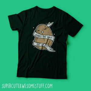 May include: Dark green t-shirt with a cartoon potato design. The potato has a smiling face and a banner that says "SCIENCE THE SH*T OUT OF IT!". The website "SUPERCUTEAWESOMESTUFF.COM" is printed at the bottom of the shirt.