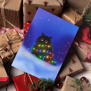 Katzen Weihnachtskarte, schwarze Katze Weihnachtsbaum, Katzen Weihnachtsgeschenk, süße Kätzchen, Katzen Geschenke, süße Katzen Kunst, schwarze Katzen, süße Weihnachtskarten