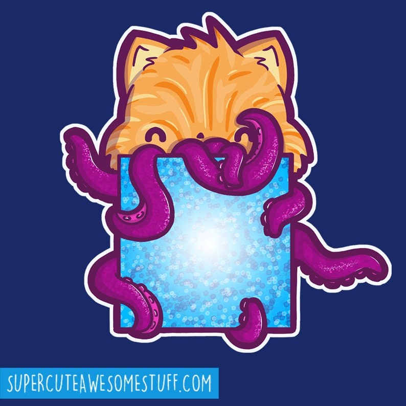 May include: A cartoon illustration of an orange cat peeking over a blue square, with purple tentacles wrapping around it. The square has a sparkly, light blue center. The text "SUPERCUTEAWESOMESTUFF.COM" is at the bottom.