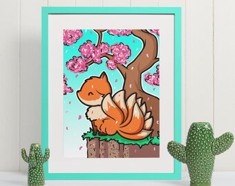 A4 Super Cute Kitsune Print - Super Cute Fox Print - Cute Nine-Tailed Fox Art - Cute Geek Print - Cute Animal Print - Japan Cherry Tree
