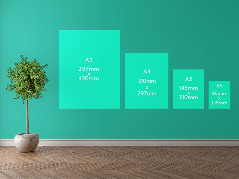 May include: A comparison of standard paper sizes, A3, A4, A5, and A6, shown as turquoise squares on a turquoise wall. The dimensions of each paper size are listed in millimetres.