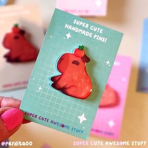 Capybara Pin, Handmade Pins, Pin Badges UK, Capybara Pin Badge, Capybara Gifts, Capybara Art, Capybara With Orange, Cute Capybara, Cute Pin