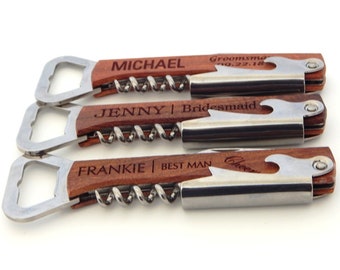 Engraved Wooden Bottle Opener - Gift for Groomsmen - Personalized Corkscrew Openers