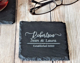 Engraved Coaster Slate - Custom Coasters - Personalized Wedding Gift for Couple