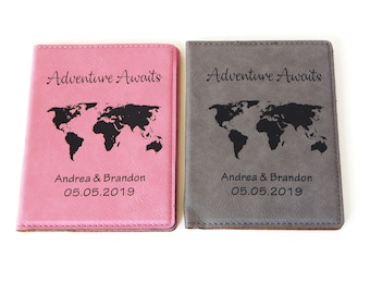 Leather Travel Set Wedding Gift - Passport Holder Wallet Engraved Honeymoon Gifts Personalized