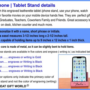 May include: A pink leatherette phone or tablet stand with a gold phone mockup and the name "Anelia" engraved on the front. The stand is 3 1/2 inches long, 2 1/2 inches tall, and 1 inch thick. It can hold items up to 9 inches by 12 inches.