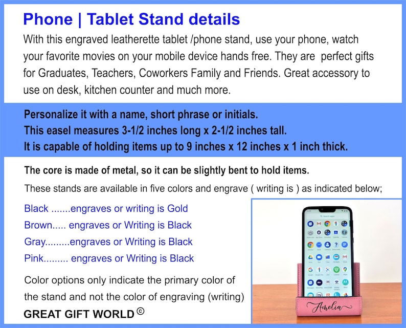 May include: A pink leatherette phone or tablet stand with a gold phone mockup and the name "Anelia" engraved on the front. The stand is 3 1/2 inches long, 2 1/2 inches tall, and 1 inch thick. It can hold items up to 9 inches by 12 inches.