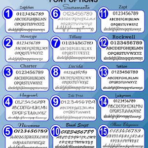 May include: A graphic showcasing 15 different font options, each with a sample of numbers and the alphabet. The fonts are displayed in blue-bordered white boxes, with the font names at the top. The title "FONT OPTIONS" is at the top.