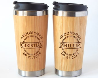 Bamboo Tumbler Set Gift for Groomsmen - Stainless Steel Engraved Tumblers - Personalized Coffee Mug.