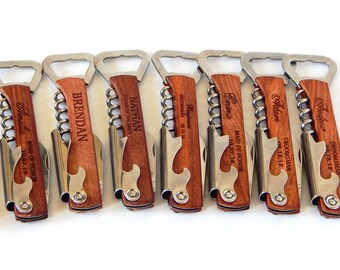 Personalized Bottle Opener - Wedding Party Favors - Gift for Groomsmen -  Engraved Cork screw Favor - Openers