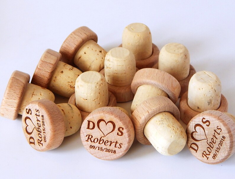 Engraved Wood Wine Stoppers Wedding Favor Personalized Bottle Cork Stopper Set image 4