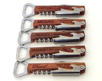 Bulk Wedding Gift Favors - Gifts for Groomsmen - Bottle Opener Personalized - Engraved Wine Corkscrew