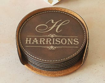 Engraved Leather Coasters: Personalized Family Name Gift, CAS07