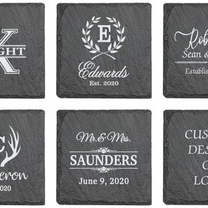 Engraved Coaster Set | Personalized Slate Coasters | Custom Wedding Gifts  Monogram Housewarming Gift for Couple | Anniversary Gifts