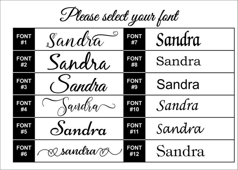 May include: Twelve different font styles for the name "Sandra" are displayed in black text on a white background. Each font style is numbered from 1 to 12.