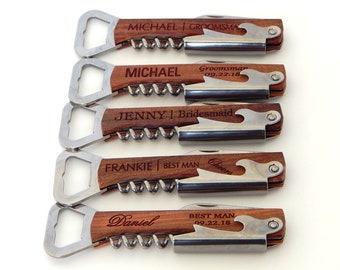 Wood Bottle Opener Gift for Groomsmen - Personalized Wedding Favor - Engraved Corkscrew - Custom Openers