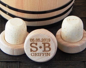 Engraved Wood Wine Stoppers - Wedding Favor Personalized Bottle Cork Stopper Set