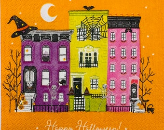 4 Halloween Houses Paper Napkins. Halloween Cocktail Napkins For Decoupage. Card Making Supplies. Collage Pieces. Junk Journal Supplies.