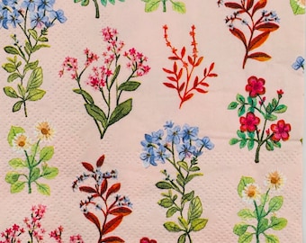 May include: A pink background with a floral pattern featuring various flowers in shades of pink, red, blue, and green. The flowers are arranged in a repeating pattern and are surrounded by green leaves.