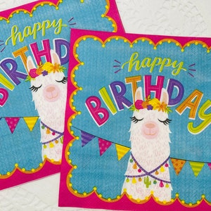Set of 2 Llama Birthday Napkins. Lunch Paper Napkins. Card Making Supplies. Collage Pieces. Junk Journal Supplies. Party Decor.