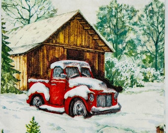 2 Christmas Truck/Barn Guest Towel Paper Napkins. Decoupage/Card Making Supplies. Collage Pieces. Junk Journal Supplies. Winter Party Decor