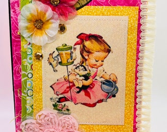 Re-Usable Little Girl Notebook Cover with Paper. Fabric Planner. Journal. Smashbook. Glue Book. Garden Planner. Spring Notebook.