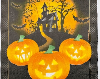 Set of 2 Vintage Halloween Haunted House Napkins.Lunch Paper Napkins. Decoupage. Card Making Supplies. Collage Pieces. Junk Journal Supplies