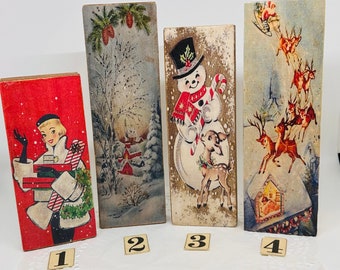 CHRISTMAS Vintage Wood Blocks. Home Decor. Tiered Tray Accents. Shelf Sitter. Office Decor. Kitchen Accent.