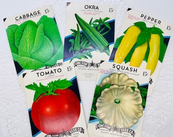 Vintage Veggie Seed Packets -Set of 5 - Vintage Ephemera, Junk Journal, Craft Supplies, Garden Ephemera, Empty Seed Packets ,Collage Pieces