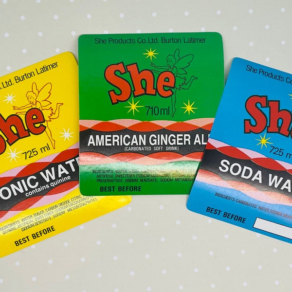 Set of 3 SHE Labels. Tonic Water. American Ginger Ale. Soda Water. Paper Ephemera. Junk Journal Supplies. Collage. Scrapbook. Glue Book.