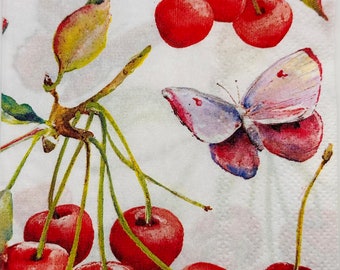 2 Cherry/Butterfly Paper Guest Towel Napkins. Napkins For Decoupage. Card Making Supplies. Collage Pieces. Junk Journal Supplies.