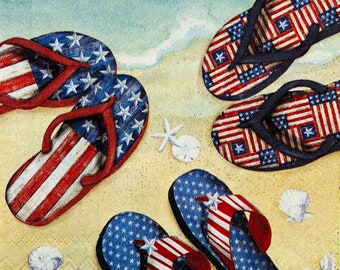 4 USA Beach Sandal Napkins. Beverage Paper Napkins For Decoupage. Card Making Supplies. Collage Pieces. Junk Journal Supplies. Party Decor.