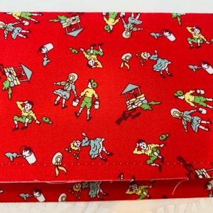May include: Red fabric with a repeating pattern of children playing near a well. The children are wearing blue, green, and yellow clothing. The well is made of wood and has a bucket hanging from it.