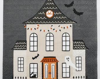 4 Haunted House Paper Napkins. Halloween Cocktail Napkins For Decoupage. Card Making Supplies. Collage Pieces. Junk Journal Supplies. Party