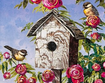 Set of 2 Birdhouse/Garden Napkins. Lunch Paper Napkins. Decoupage. Card Making Supplies. Collage Pieces. Junk Journal Supplies. Party Decor.